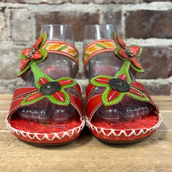 NIB Elite By Corkys 'Poppy' Red Leather Floral Heeled Sandal Sz 9 - Picture 3 of 13